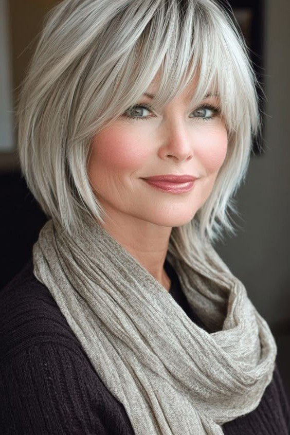 Modern Silver Bob with Long Layered Bangs