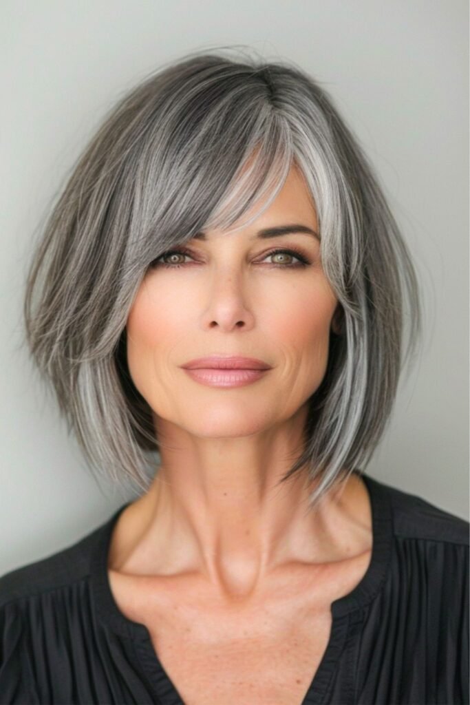 Modern Silver Bob with Long Side-Swept Bangs
