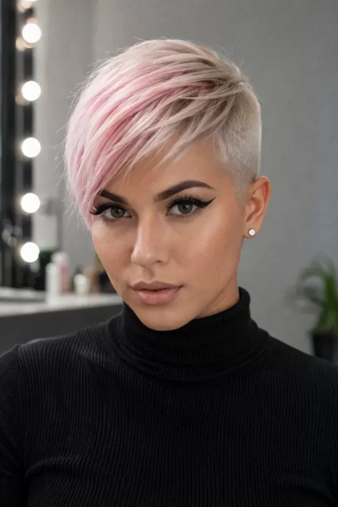 Pastel Pink Tapered Pixie with Side-Swept Bangs