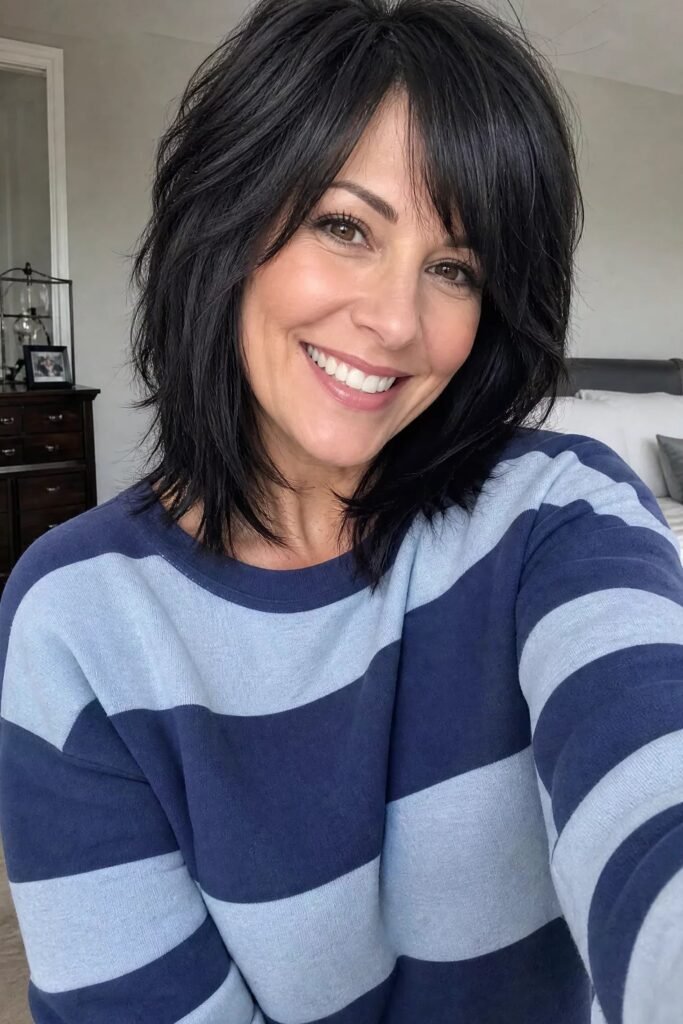 Piecey Black Shag with Layered Bangs