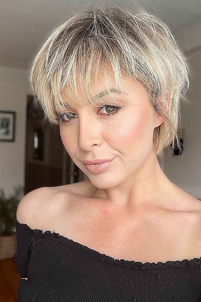 Piecey Textured Blonde Bixie-Bob with Wispy Bangs
