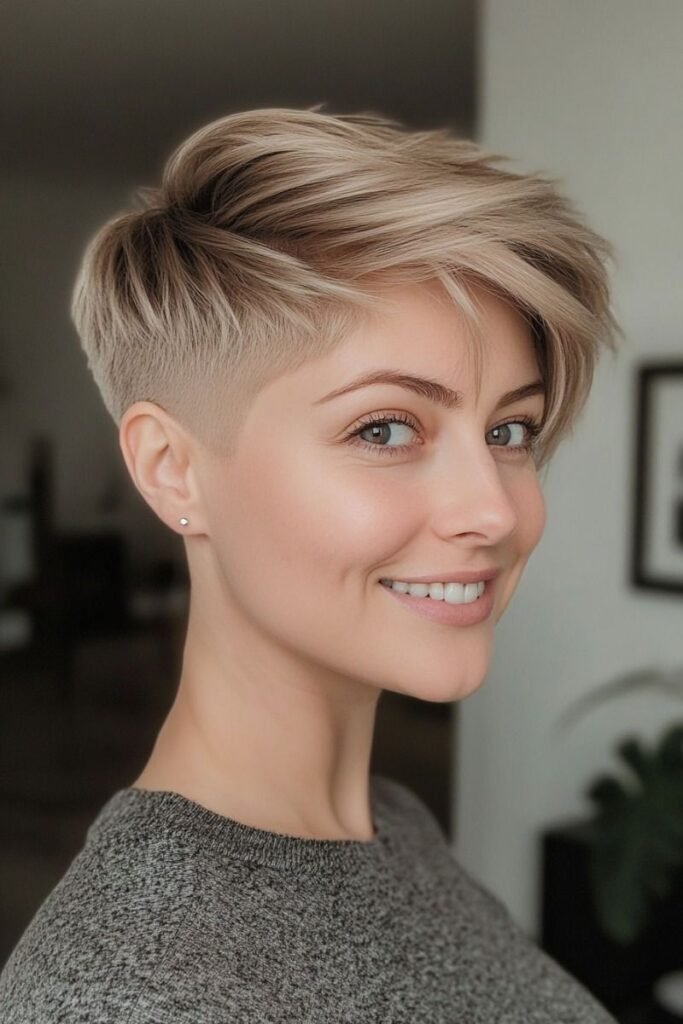 Platinum Blonde Asymmetrical Pixie with Faded Sides