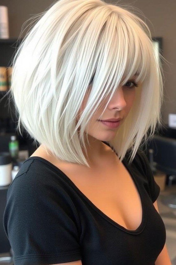 Platinum Blonde Bob with Full Straight Bangs