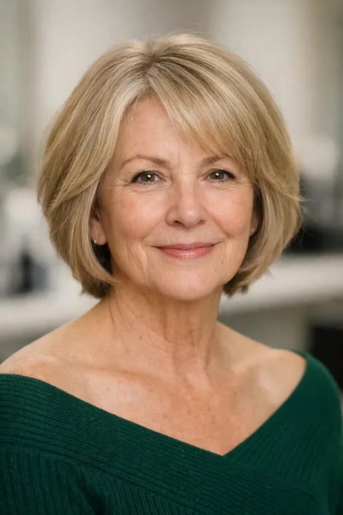 Polished Blonde Rounded Bob with Side-Swept Bangs