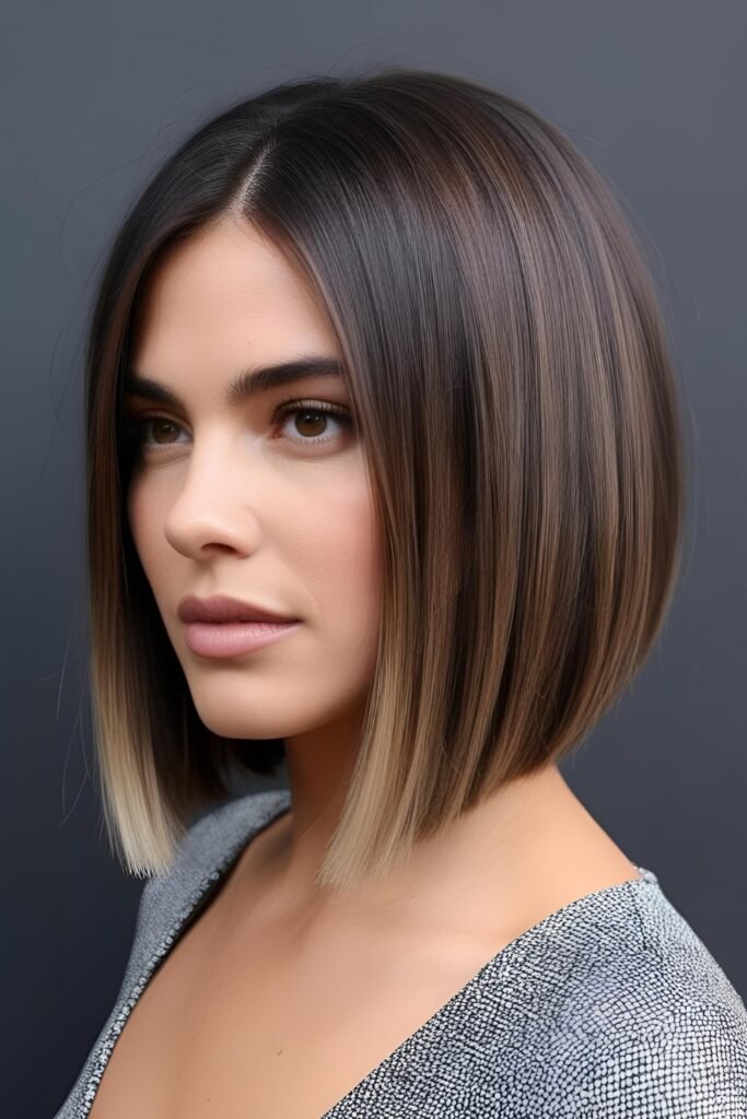 Polished Inverted Bob with Brown Tones and Subtle Highlights