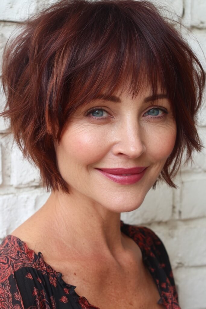 Reddish-Brown Textured Shag Bob with Soft Fringe