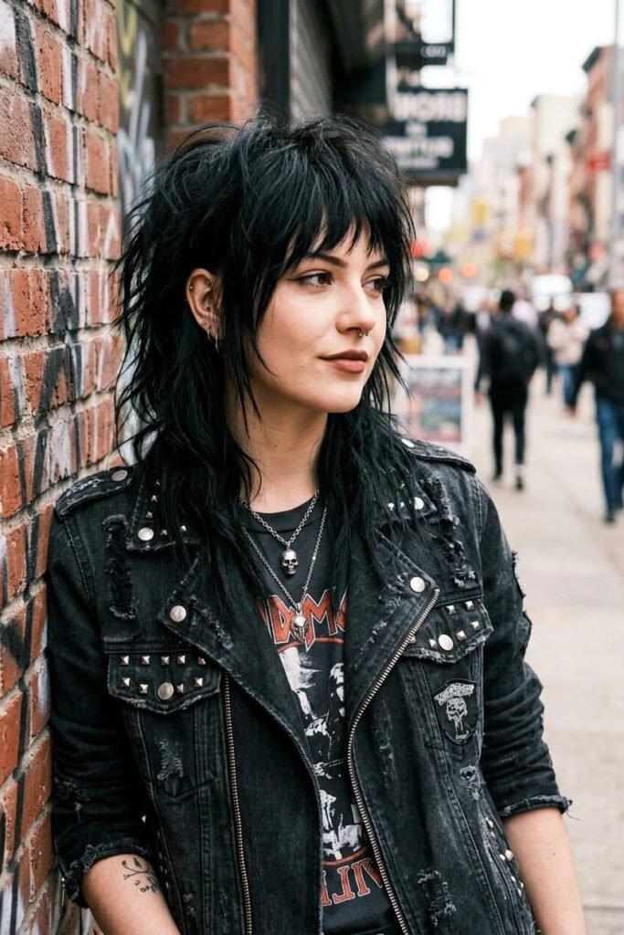 Rocker-Chic Shag with Heavy Texture and Bangs