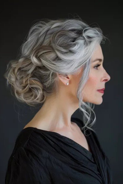 Romantic Low Updo with Soft Side Braids and Face-Framing Strands