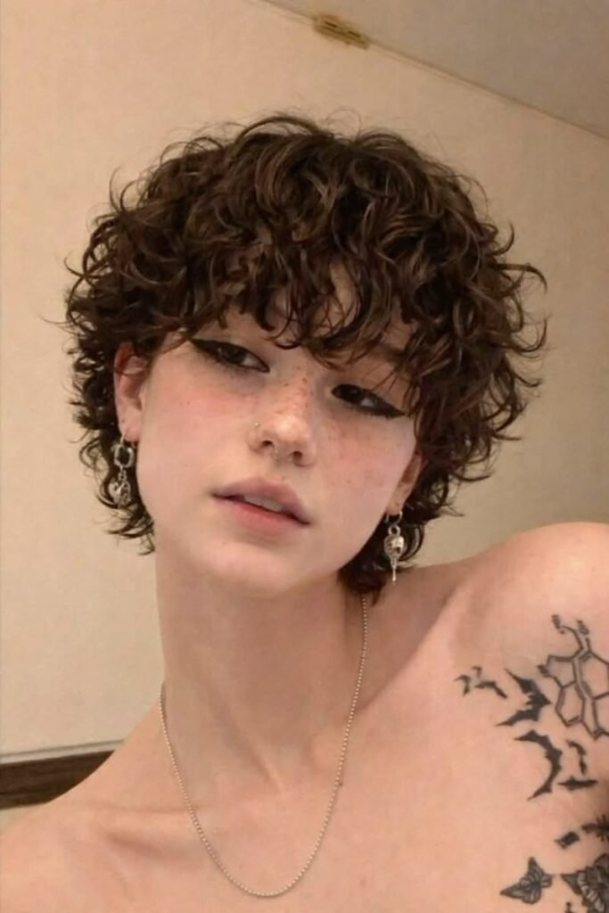 Shag Cut with Natural Curls and Bangs