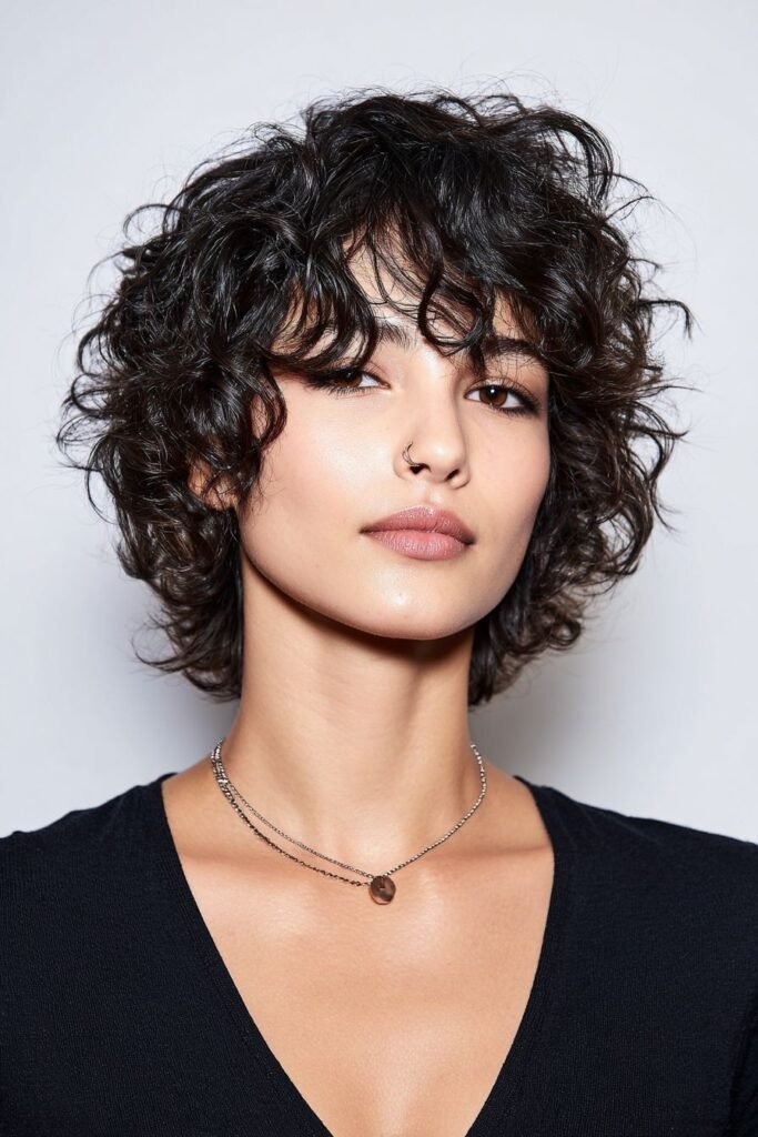 Shaggy Curly Bob with Curtain Bangs