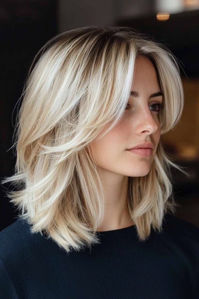 Shaggy Layered Cut with Curtain Bangs and Blonde Highlights