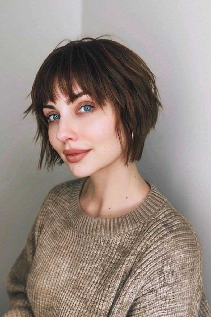 Short Brunette Bob with Wispy Bangs