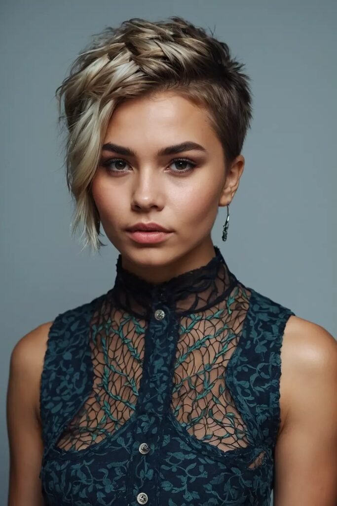 Short Choppy Pixie Cut with Deep Side Part and Platinum Highlights