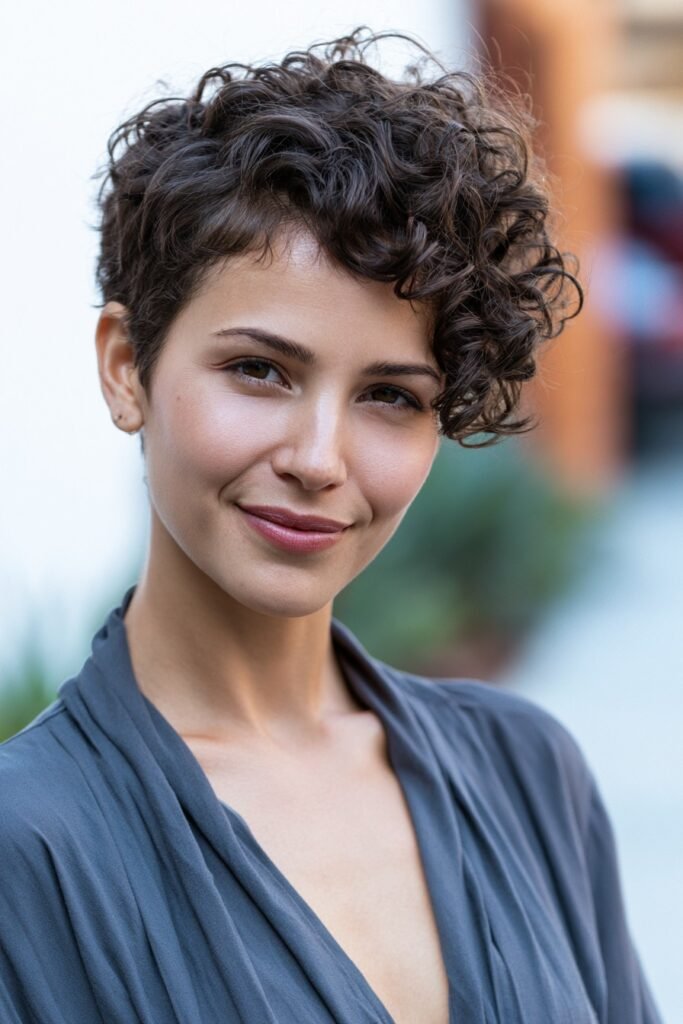 Short Curly Pixie with Side-Swept Bangs