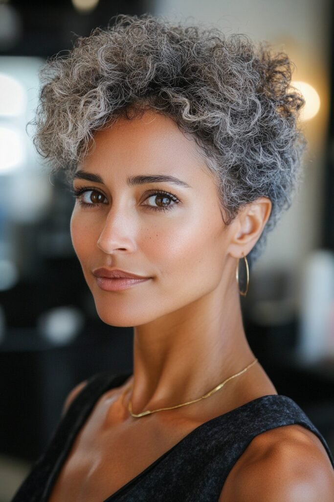 Short Tapered Pixie with Soft Grey Curls