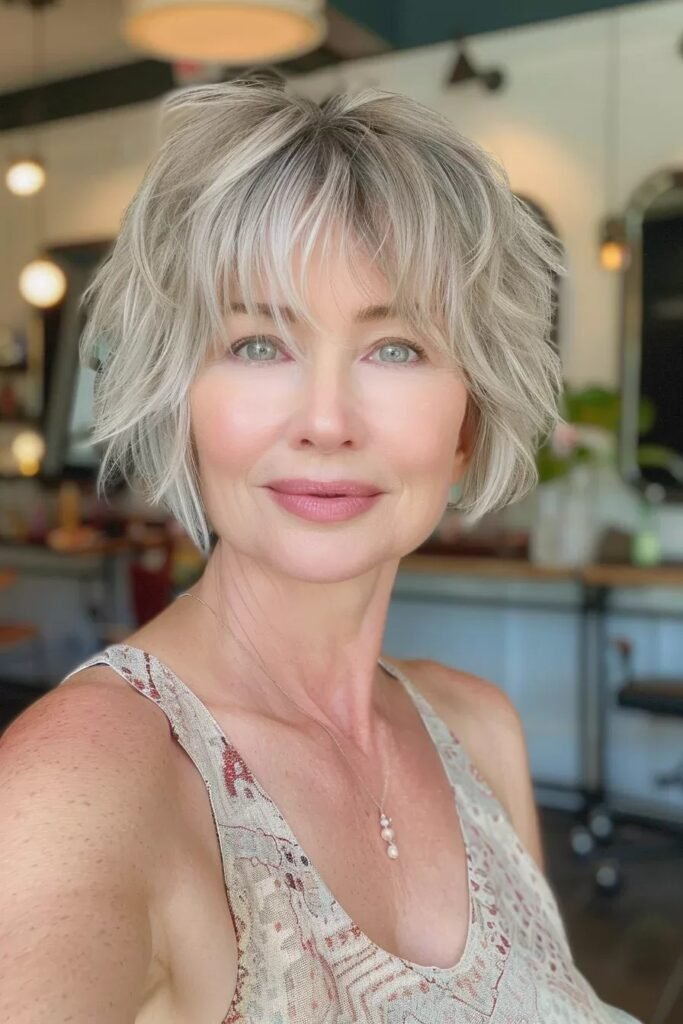 Short Textured Blonde Bob with Feathered Bangs
