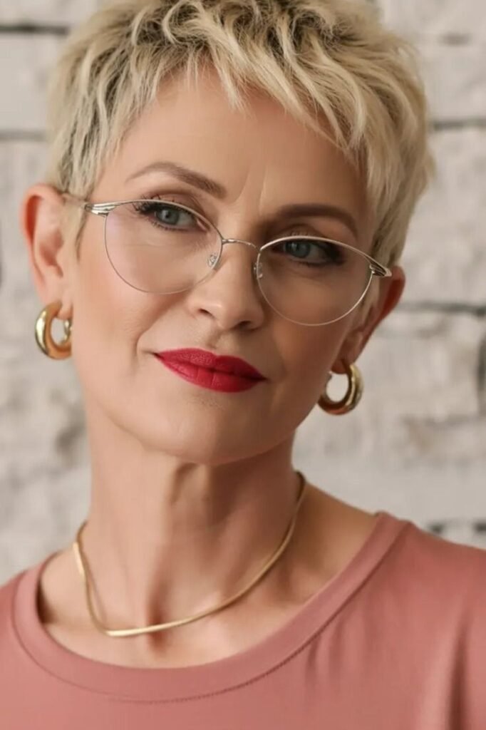 Short Textured Crop with Fine Bangs and Minimalist Silver Wire Glasses