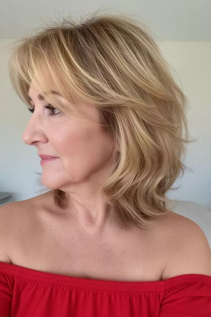 Shoulder-Length Layered Cut with Curtain Bangs