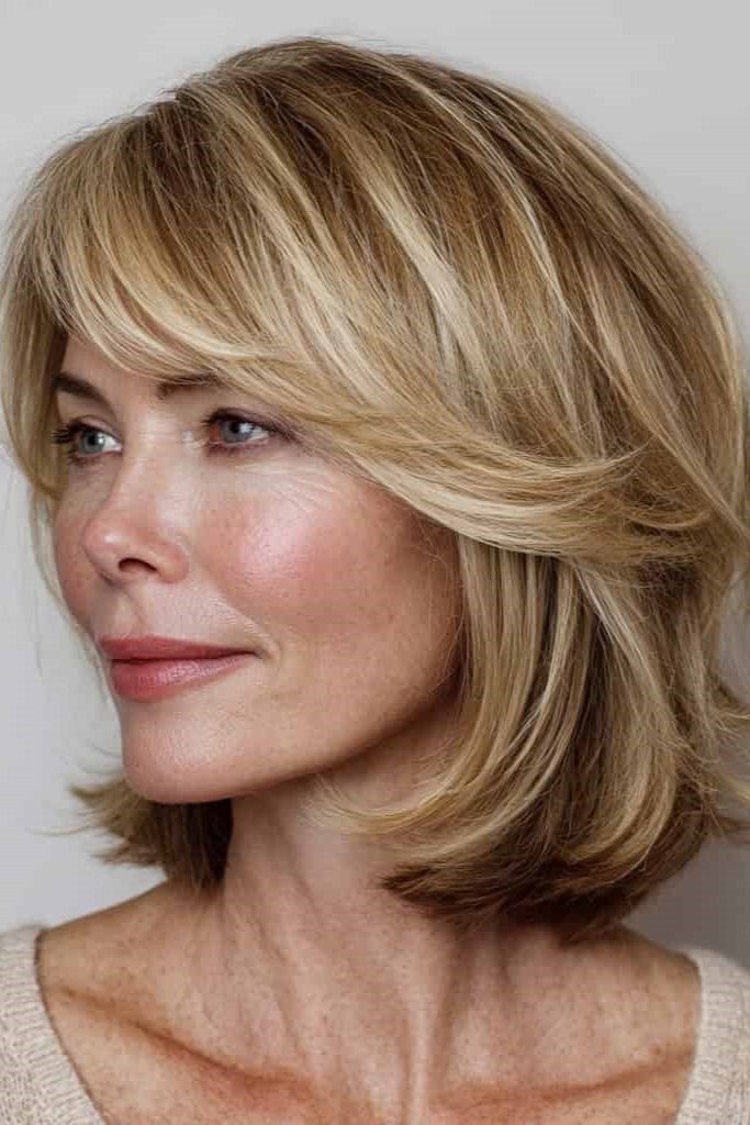 Shoulder-Length Layered Cut with Side-Swept Bangs