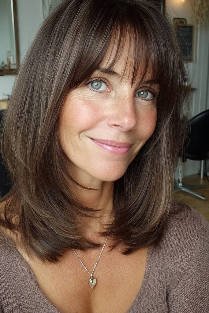 Shoulder-Length Layered Cut with Wispy Bangs