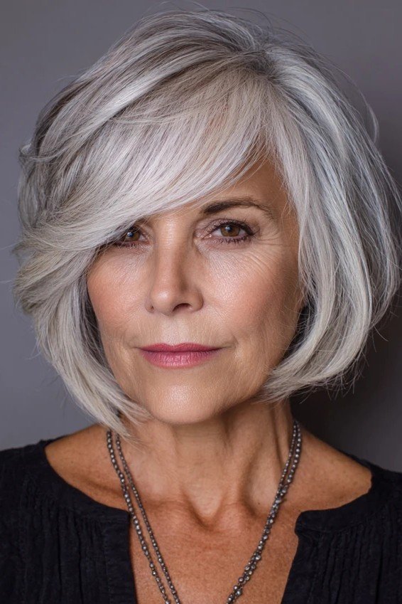 Side-Parted Silver Bob with Feathered Bangs