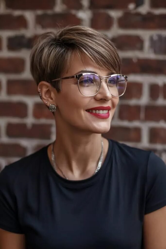Side-Swept Pixie Bob with Warm Caramel Highlights