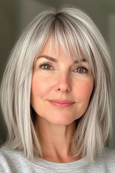 Silky Straight Medium-Length Bob with Soft Bangs