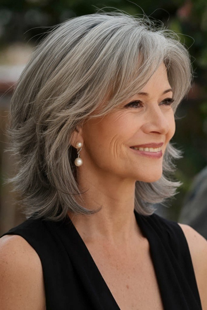 Silver Layered Shoulder-Length Hair with Soft Waves