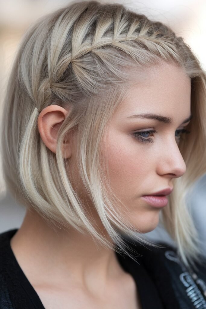 Sleek Angled Bob with a Side French Accent Braid