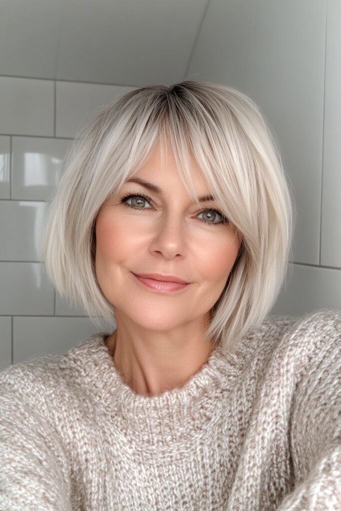 Sleek Ash Blonde Bob with Side-Swept Bangs
