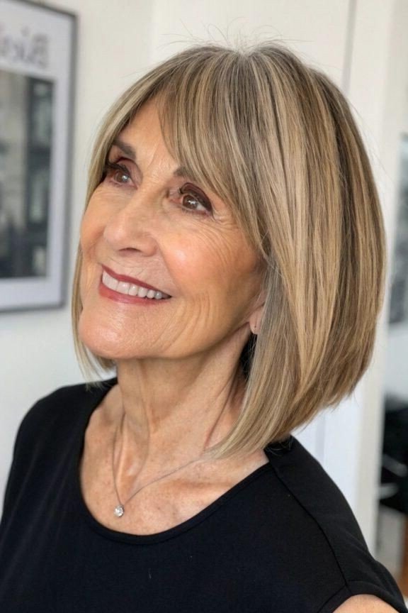 Sleek Blonde A-Line Bob with Side-Swept Bangs