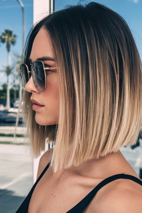 Sleek Blunt Bob with Dark Roots and Blonde Ombré