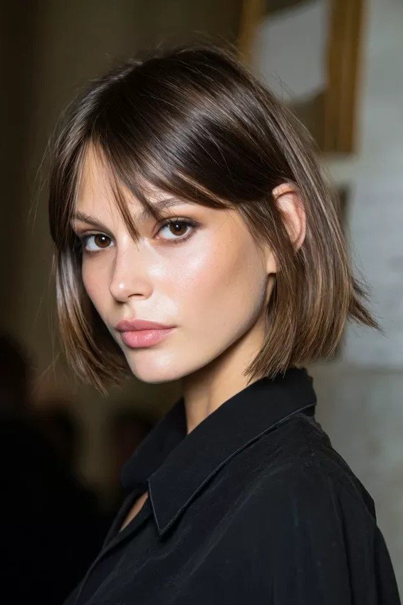 Sleek Dark Brunette Bob with Soft Curtain Bangs