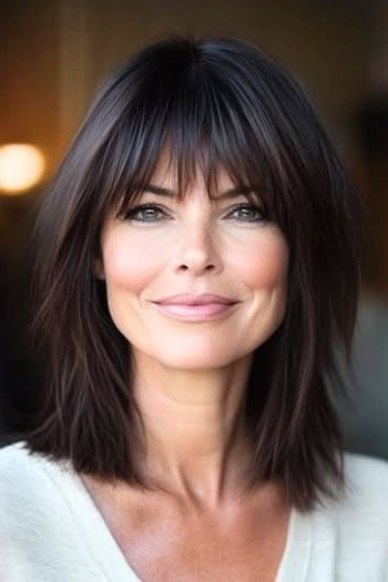 Sleek Dark Medium-Length Cut with Wispy Bangs