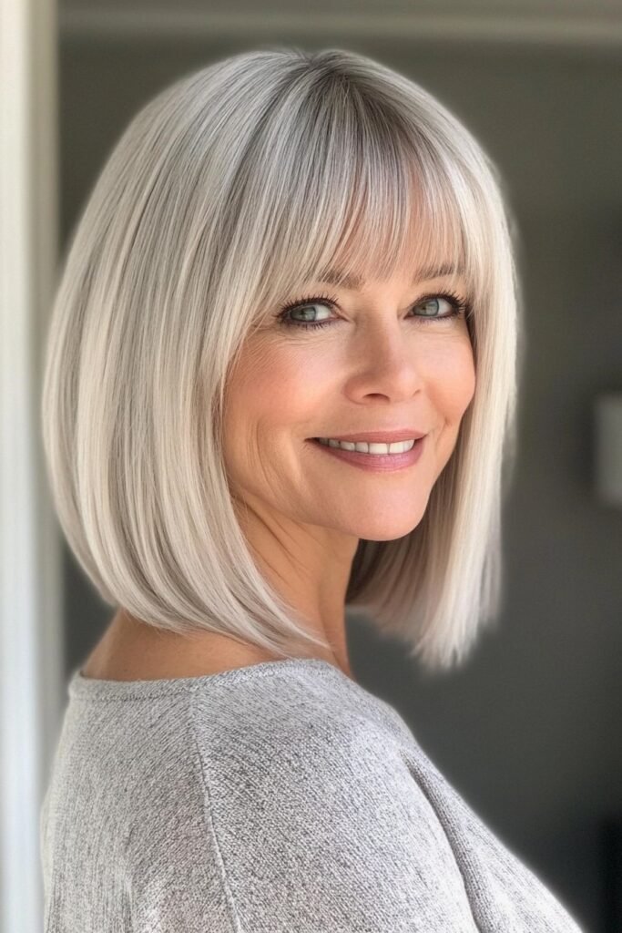 Sleek Platinum Blonde Bob with Blunt Bangs