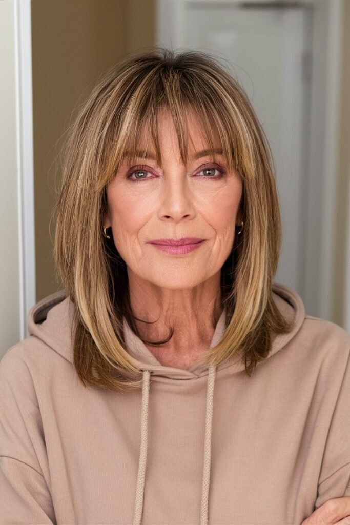 Sleek Shoulder-Length Cut with Curtain Bangs