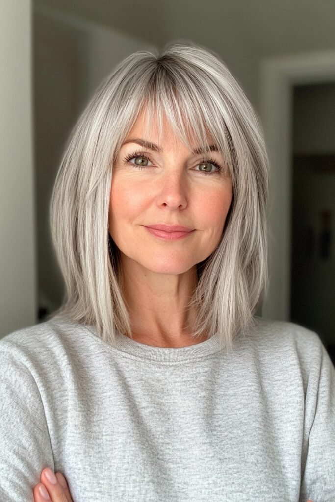 Sleek Silver-Blonde Lob with Soft Bangs