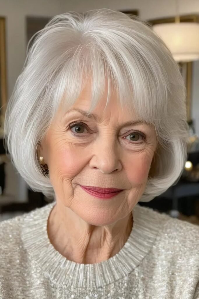 Sleek Silver Bob with Soft Curtain Bangs