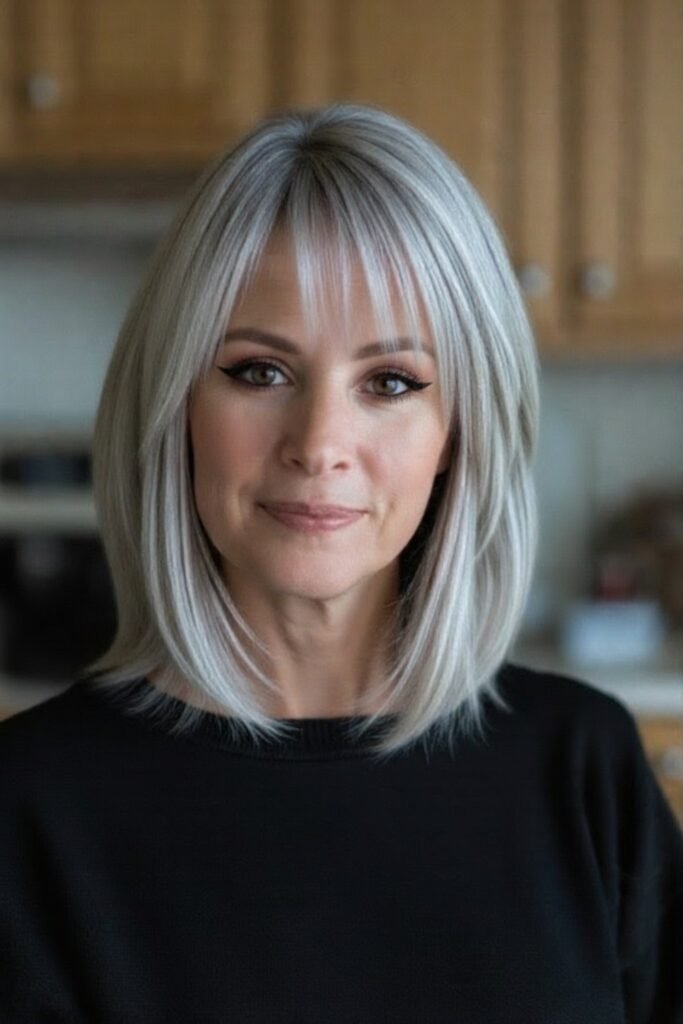 Sleek Silver Bob with Straight-Across Bangs