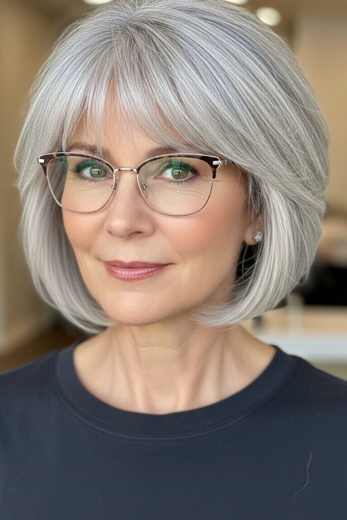Sleek Silver Bob with Straight Bangs