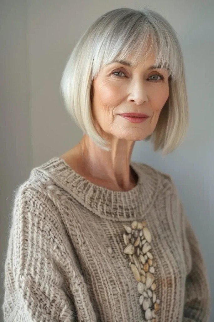 Sleek Silver Bob with Straight Cut Bangs