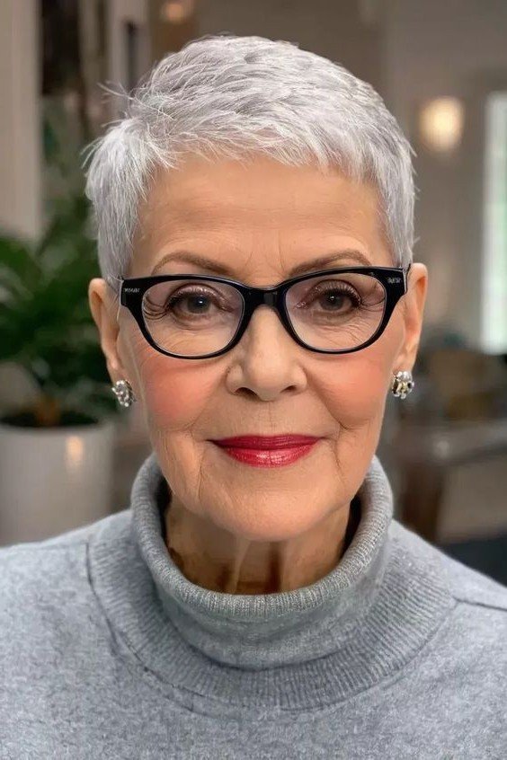Sleek Silver Pixie with Side-Swept Bangs