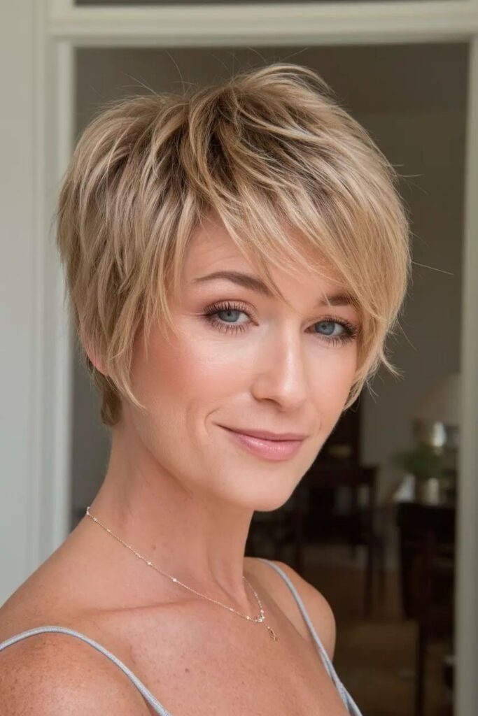 Soft Blonde Layered Pixie Bob with Wispy Bangs
