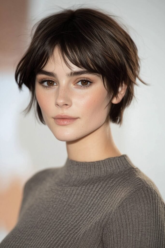 Soft Brunette Bob with Feathered Curtain Bangs