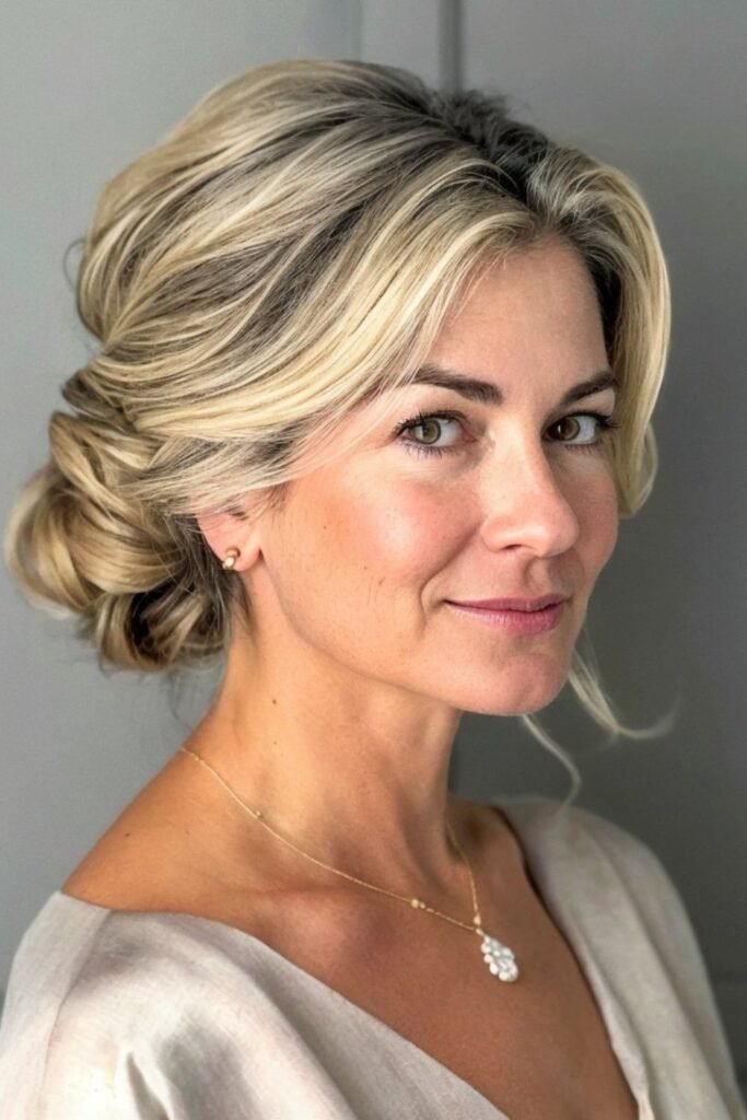 Soft Chignon Updo with Side-Swept Bangs