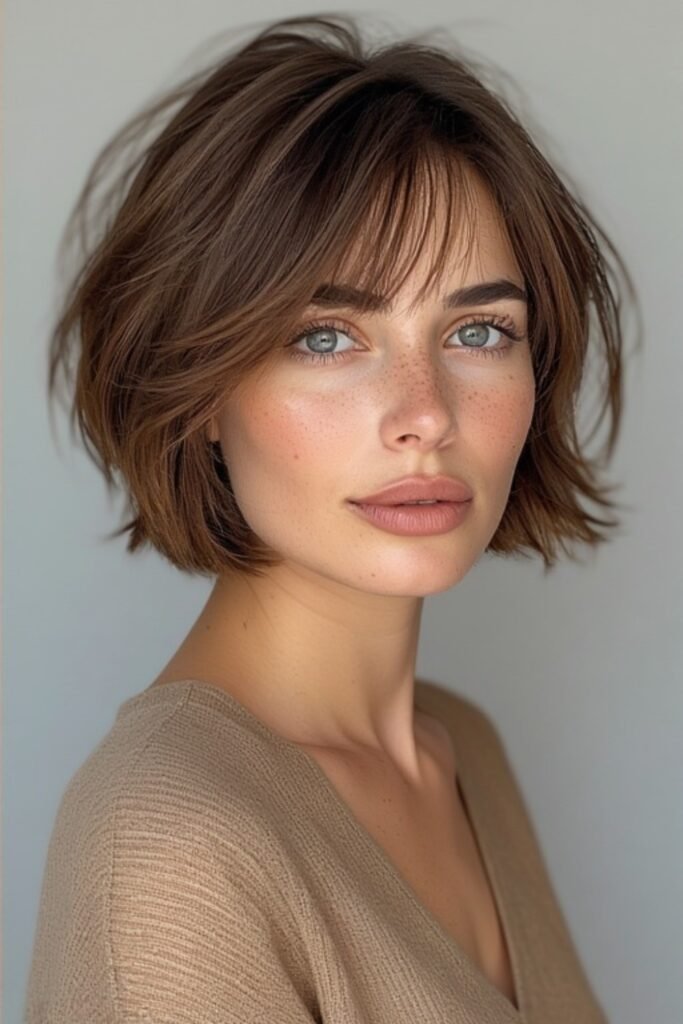 Soft Layered Brunette Bob with Curtain Bangs