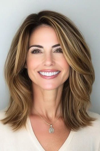 Soft Layered Cut with Caramel Face-Framing Highlights