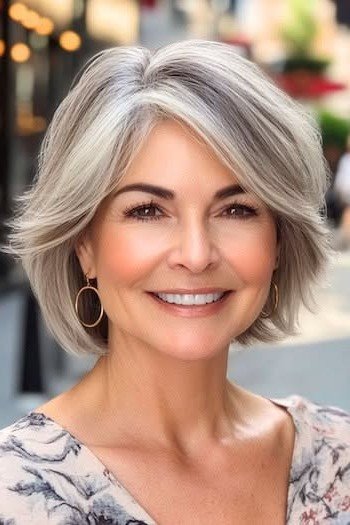 Soft Layered Grey Bob with Side-Swept Bangs