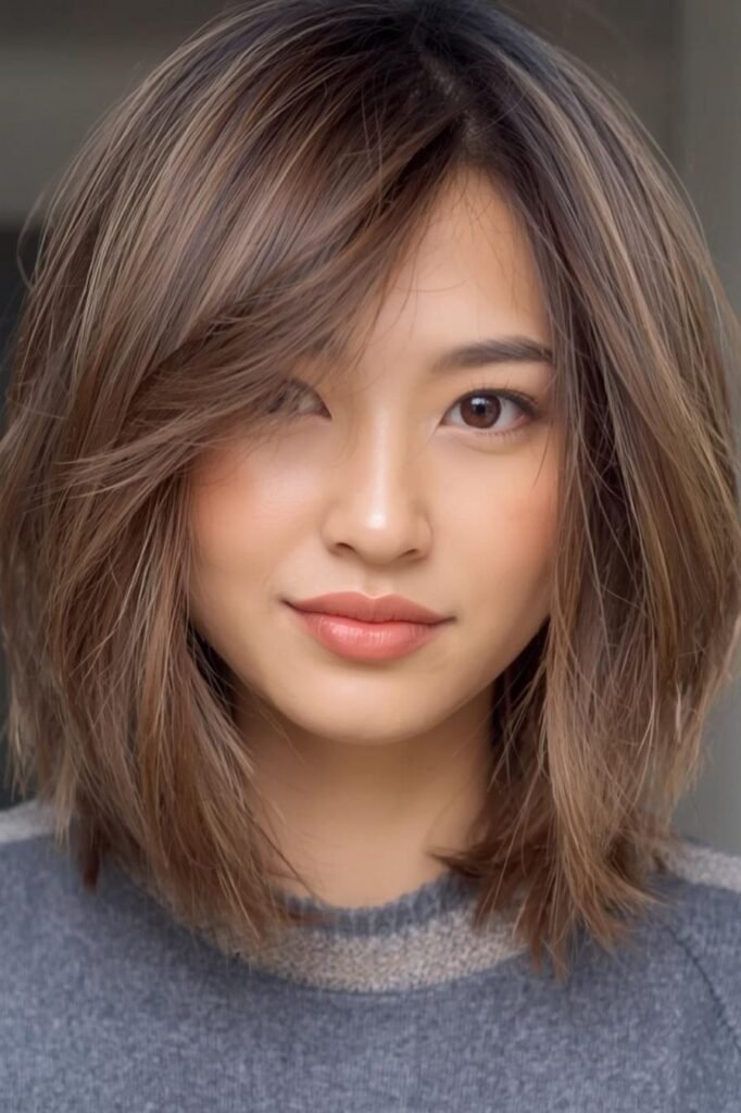 Soft Layered Lob with Side-Swept Bangs