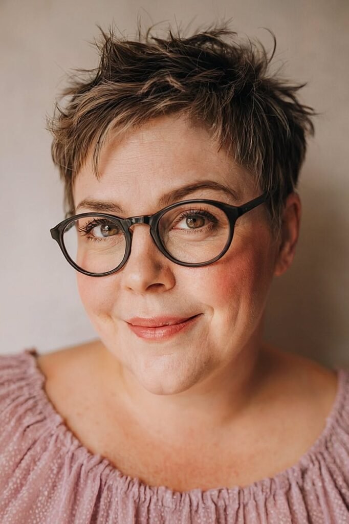 Soft Layered Pixie Crop with Delicate Side Bangs and Thin Black Frames